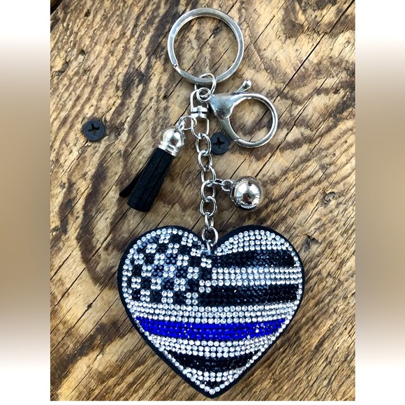Crystal Heart Thin Blue Line Police Black Blue Keychain Backpack Purse Charm New - Picture 1 of 6